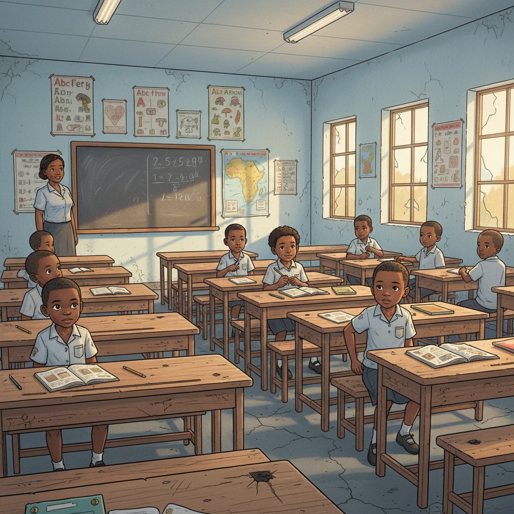 A classroom in South Africa with students sitting at old desks, showing the lack of proper resources. A South African classroom with resource shortage related to educational inequality and reform needs