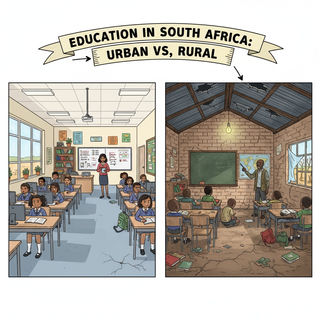 A comparison between a well - equipped urban classroom and a dilapidated rural classroom in South Africa Comparison of urban and rural classrooms in South Africa highlighting resource gap and educational inequality