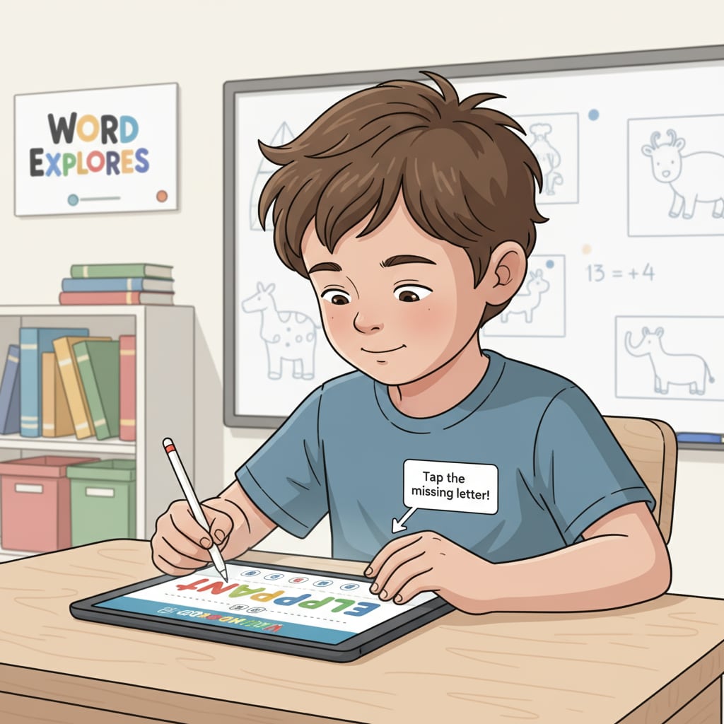A child with ADHD is attentively using a tablet application designed for spelling learning. The application interface shows colorful letters and simple tasks. A child with ADHD using a spelling learning application on a tablet