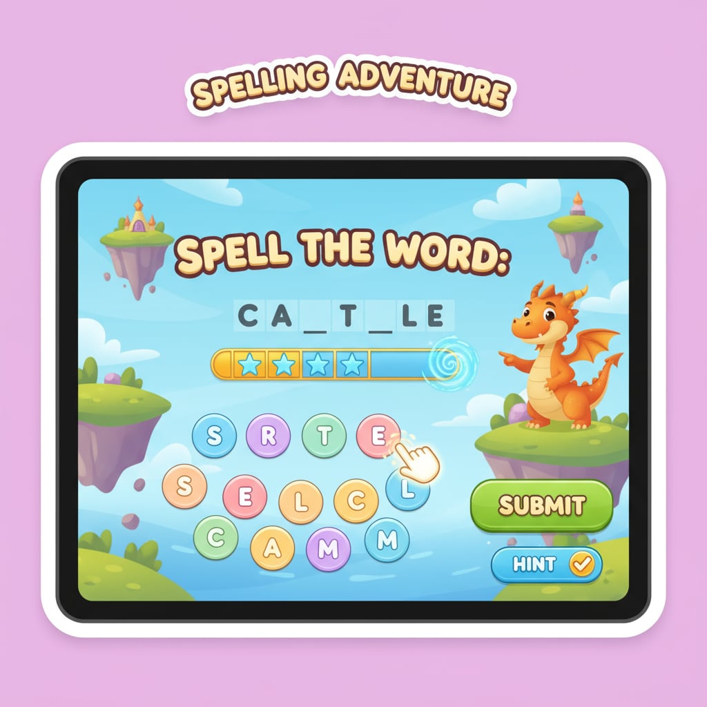 A screenshot of a popular spelling application. The screen displays colorful graphics, interactive buttons for letter selection, and a progress bar. Screenshot of a spelling application for ADHD children