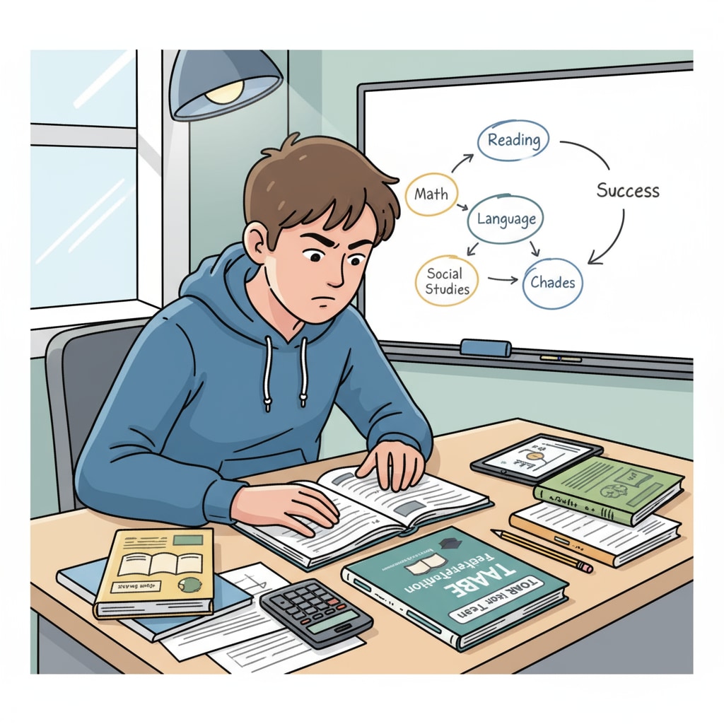 A young person is sitting at a desk, looking intently at TABE test study materials, showing determination in their expression. A determined young person studying TABE test materials for the path to becoming a firefighter and entering EMT training.