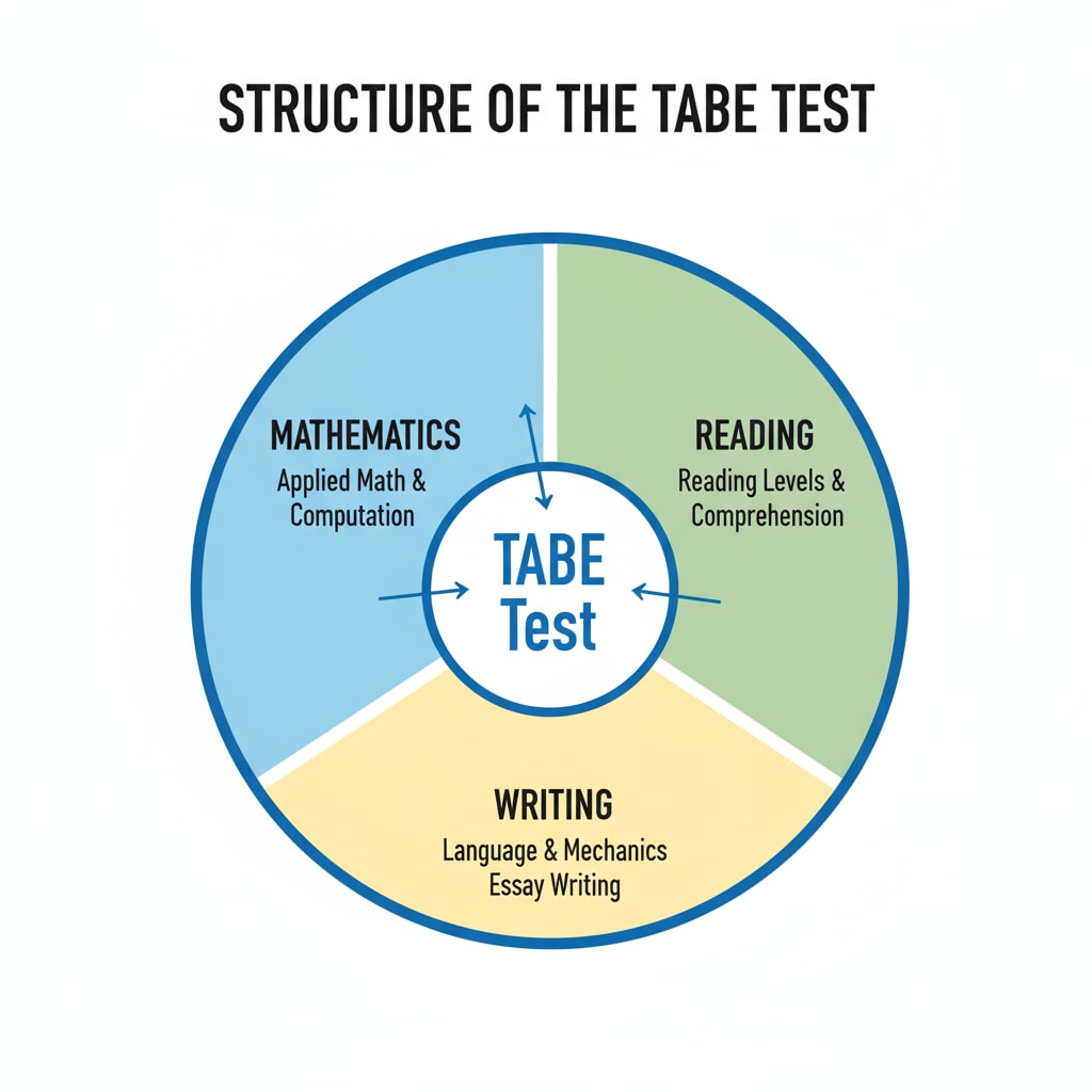 A simple diagram with labeled sections representing the different parts of the TABE test, including math, reading, and writing. Diagram showing the various sections of the TABE test relevant to firefighter candidates preparing for EMT training.