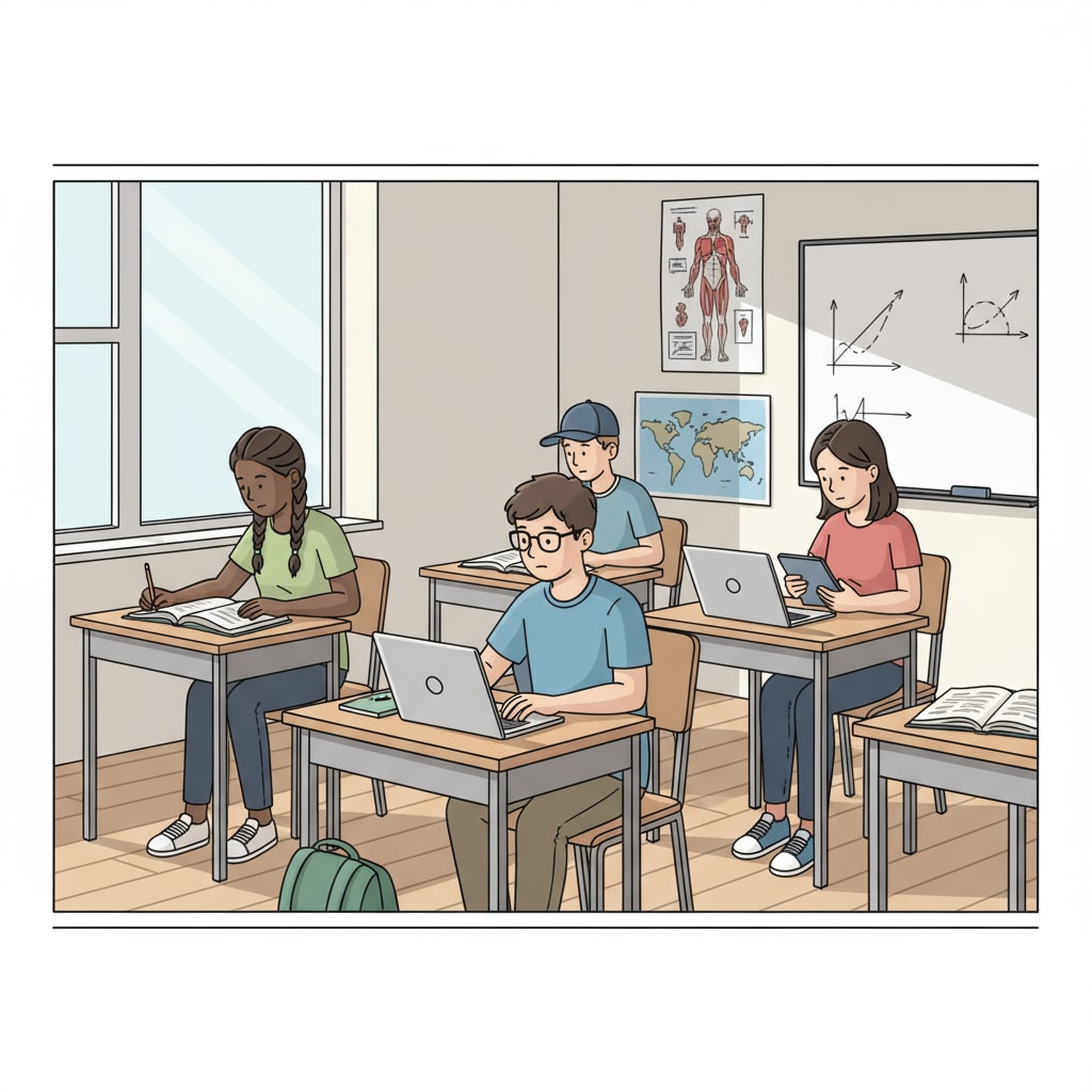 A group of teenagers are sitting at desks, some reading books while others are typing on laptops, engaged in independent study. Teenagers utilizing self-study resources to bridge educational gaps