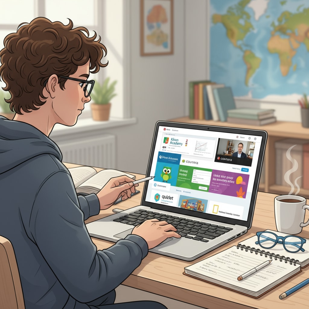 A single teenager is sitting in front of a laptop, with various educational websites open, exploring different learning materials. Teenager exploring self-study resources for educational recovery related to GCSE courses
