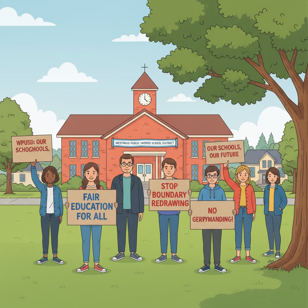 A group of people holding signs that say things like 'Fair Education for All' and 'Stop Unfair Boundary Redrawing' related to the WPUSD issue. People protesting against WPUSD school district boundary redrawing