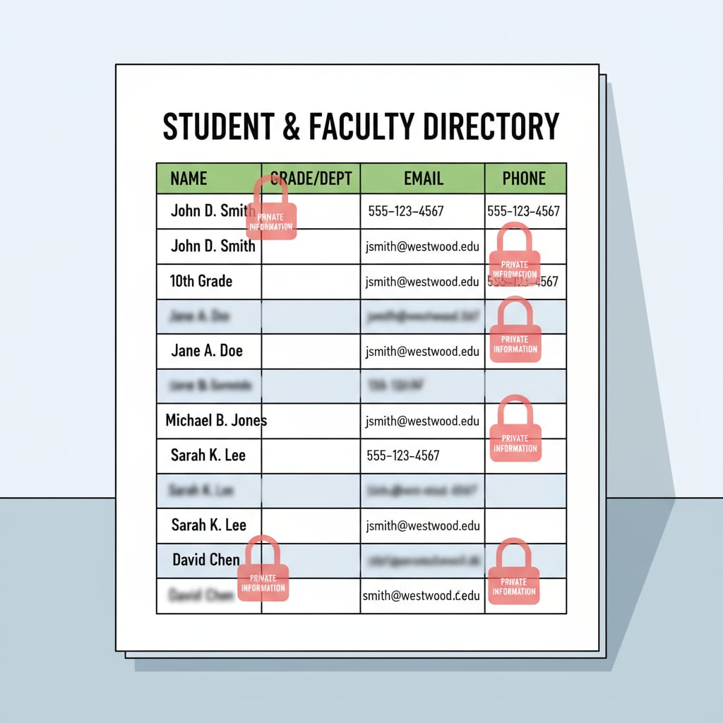 A visual representation of a school directory with some of the personal information blurred to indicate a privacy concern. School directory with blurred personal information related to privacy breach and family details