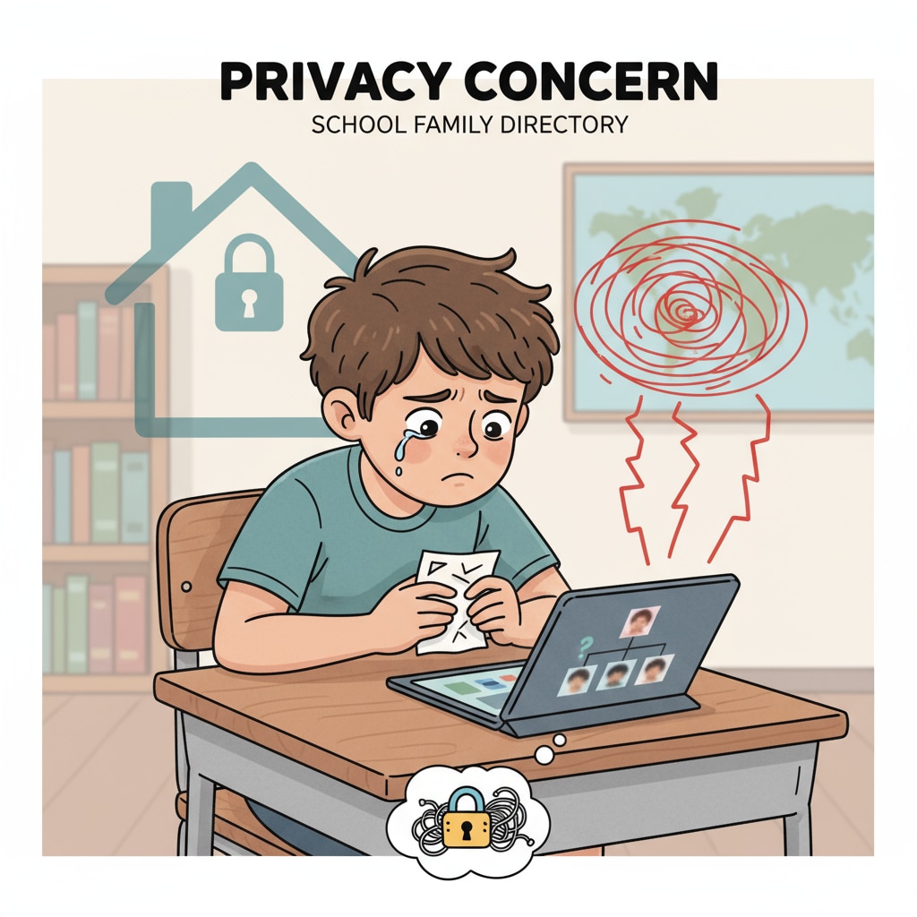 A child sitting at a desk, looking worried, symbolizing the emotional distress caused by the privacy issue in the school family directory. Worried child due to school family directory privacy breach