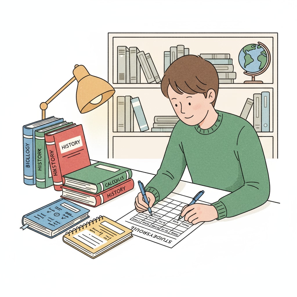 A student is carefully writing a study schedule on a piece of paper, with textbooks and notebooks beside. High school student creating a study schedule for baccalauréat preparation