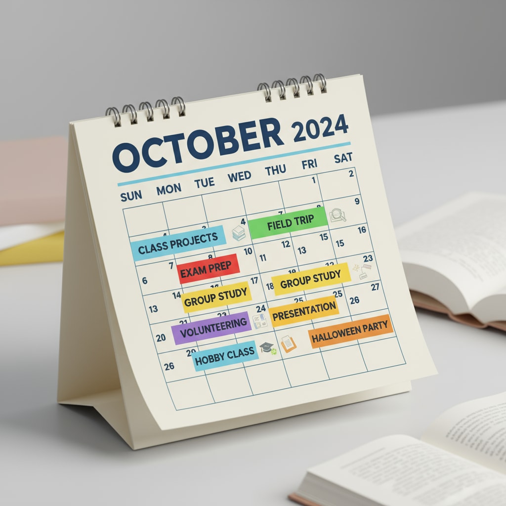 A close-up of a calendar with various activities marked in different colored blocks. Calendar with time blocks for study, relaxation, and other activities for baccalauréat preparation