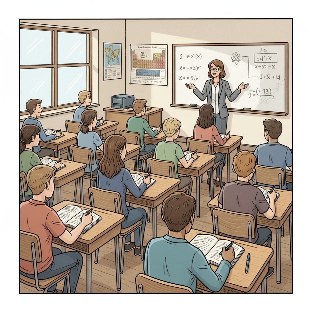 A group of students sitting in a traditional high school classroom, listening to the teacher and taking notes. Students in a traditional high school classroom related to diploma choices, GED, and high school education