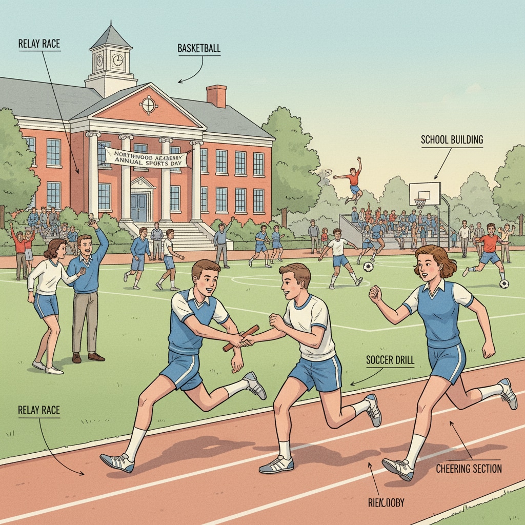 Students participating in an extracurricular activity like a sports event in a traditional high school. Students in extracurricular activity in a traditional high school relevant to diploma choices, GED, and high school education