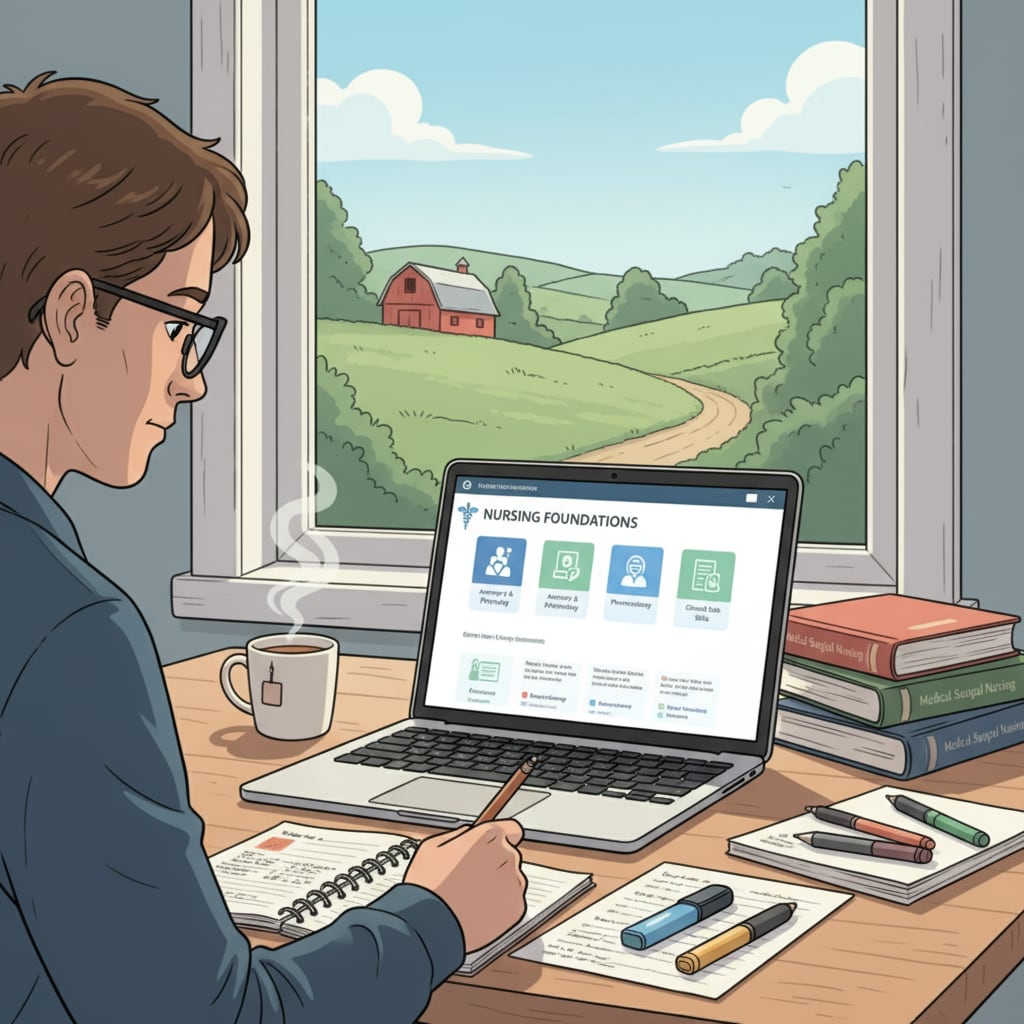A rural student is sitting at a table, with a laptop open showing nursing course materials. There are books and notes beside the laptop, indicating the student's dedication to studying nursing online. Rural student studying online nursing degree program