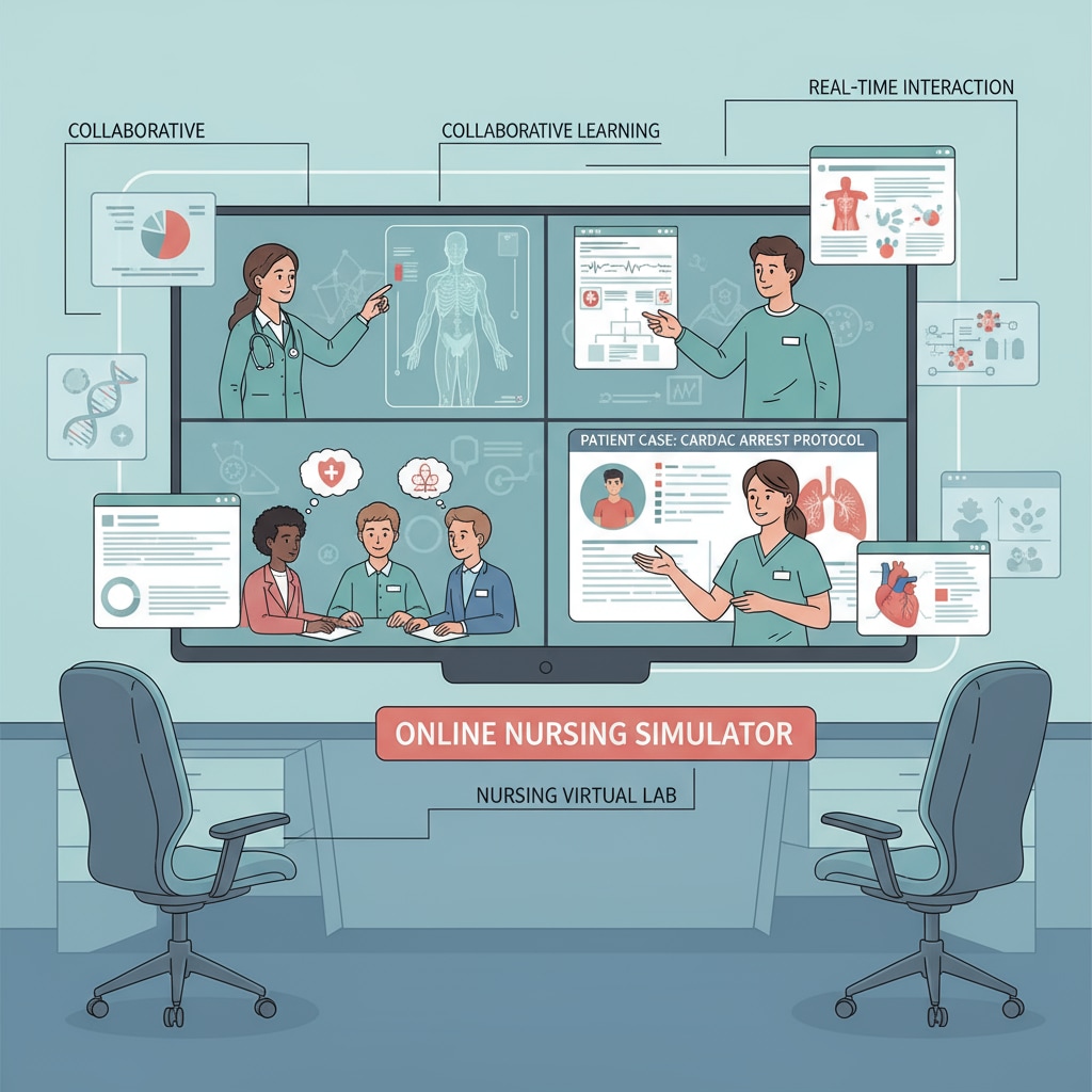 A virtual classroom scene where students are interacting with each other and the instructor during a nursing project. The screen shows medical diagrams and patient cases, highlighting the collaborative and educational nature of online nursing programs. Students collaborating on a virtual nursing project in an online program