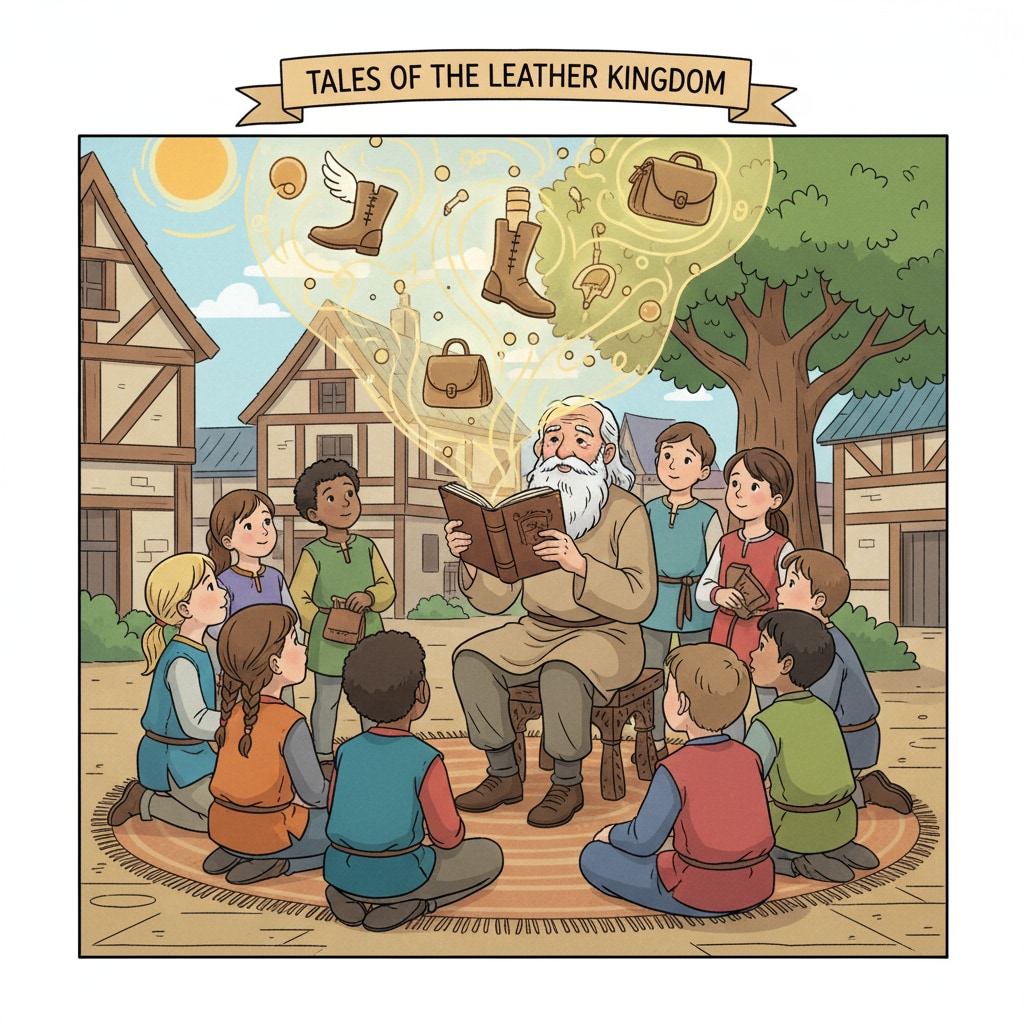 A group of children sitting around a storyteller, listening intently as the storyteller shares a leather-related fairy tale. Children listening to a leather education fairy tale