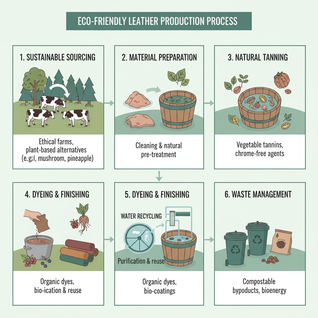 An illustration showing various steps of an eco-friendly leather production process, including sustainable sourcing of materials. Illustration of eco-friendly leather production for children's leather education through fairy tales