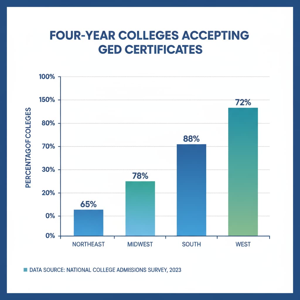 A bar graph presenting the percentage of four-year colleges in different regions that accept GED certificates. Percentage of four-year colleges accepting GED