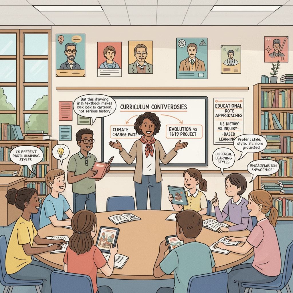 Students in a US public school classroom, engaged in a discussion about controversial curriculum topics. Students discussing controversial curriculum in a US public school