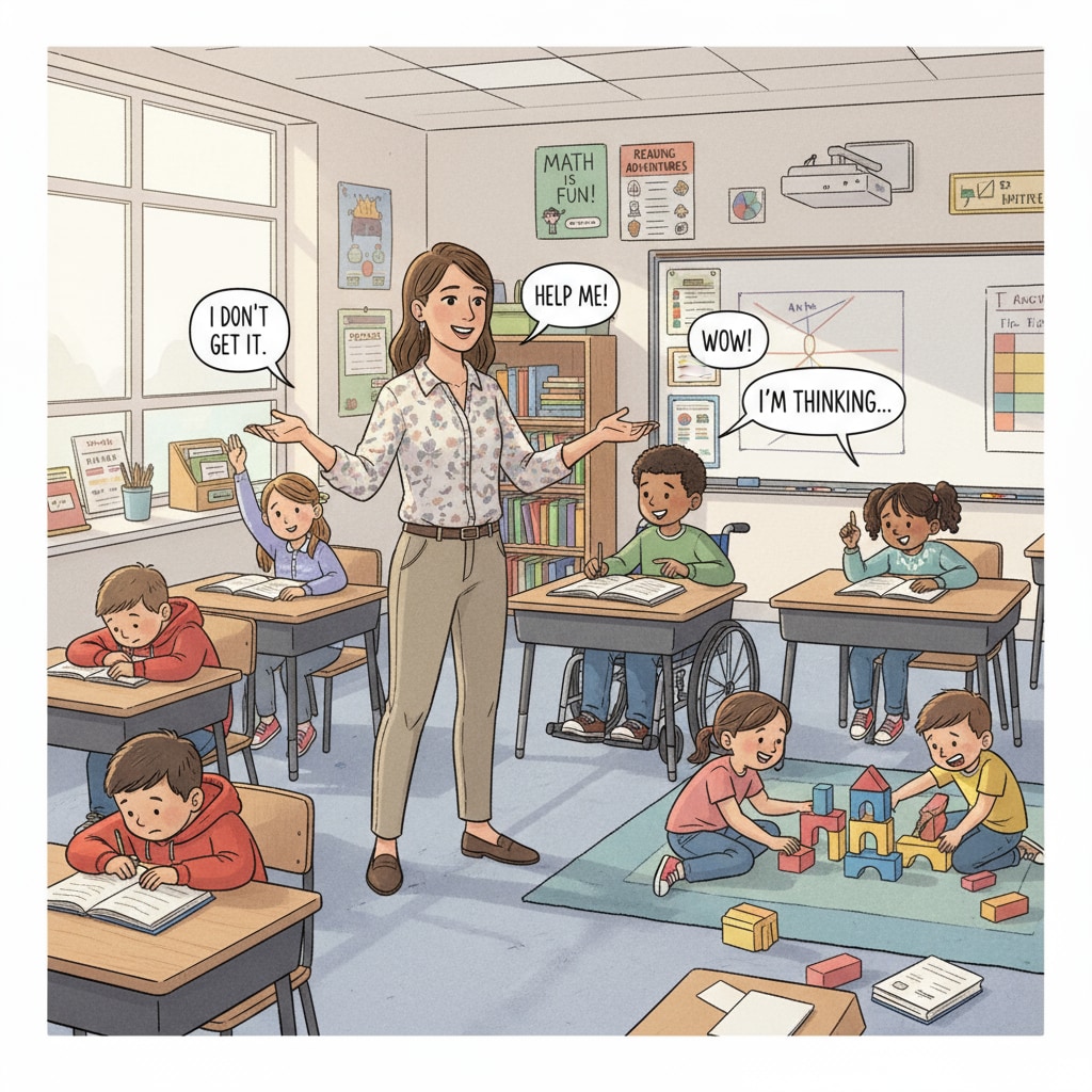 A teacher in a US public school, trying to manage a classroom with diverse student behavior. Teacher managing student behavior in a US public school