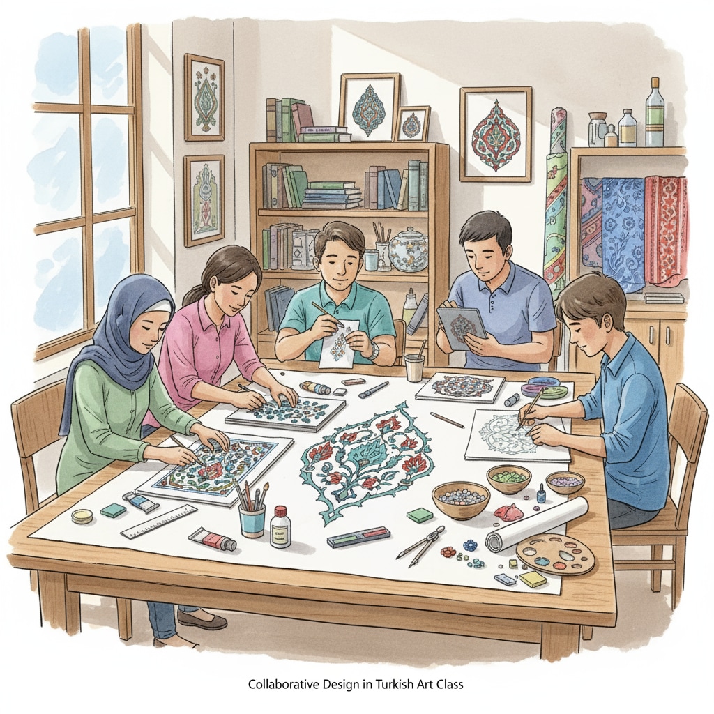 A group of students in a Turkish art design class are gathered around a large table, working together on an art project, with various art materials scattered on the table. Students in a Turkish art design class collaborating on an art project