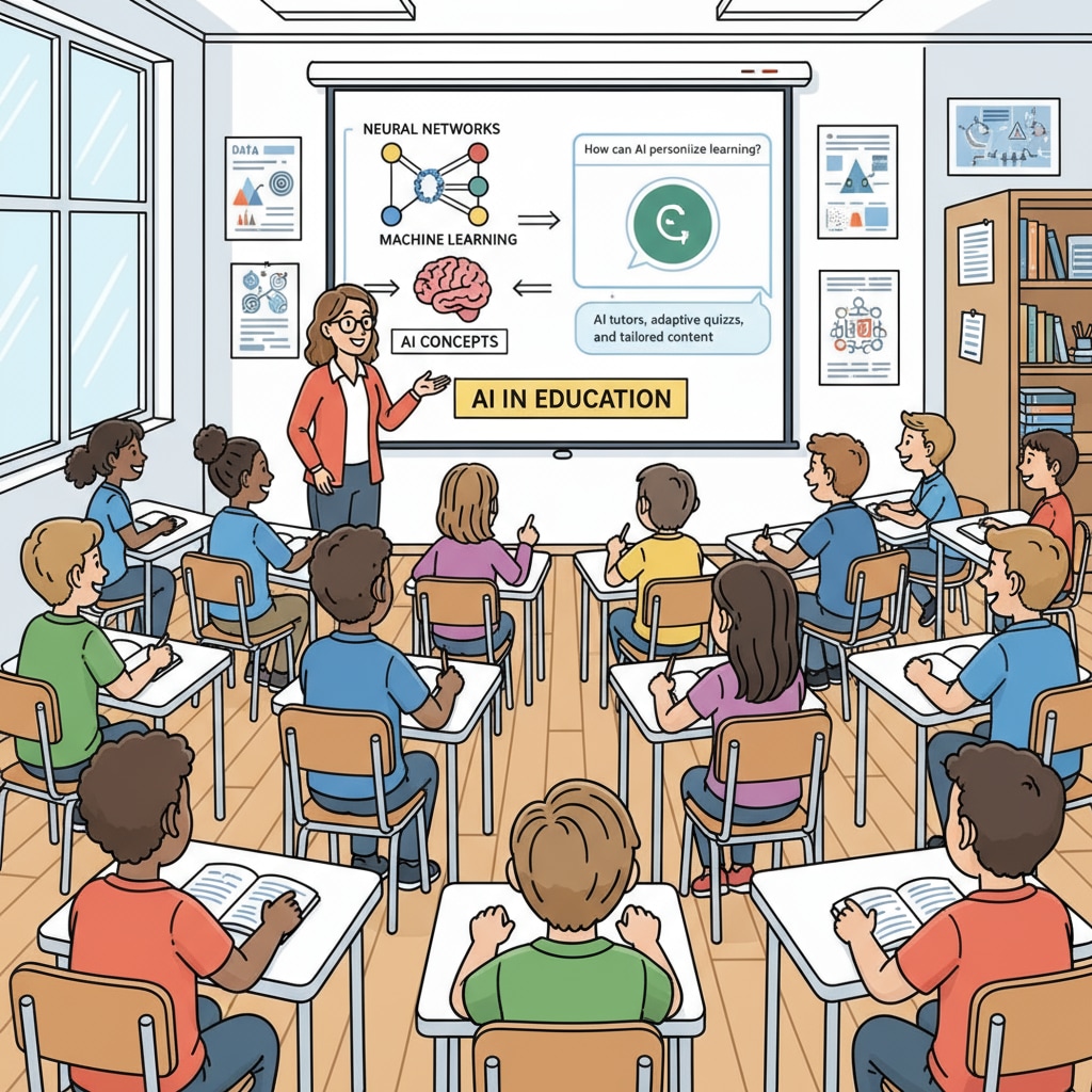 A classroom scene where students are engaged in an AI education lecture. The screen displays AI concepts and the ChatGPT interface, highlighting the integration of AI in education. Students learning about AI courses and ChatGPT in a classroom