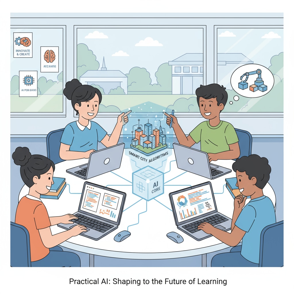 A group of K12 students collaborating on an AI project. They are using laptops to code and analyze data, demonstrating the practical application of AI in education. K12 students working on an AI project related to AI courses