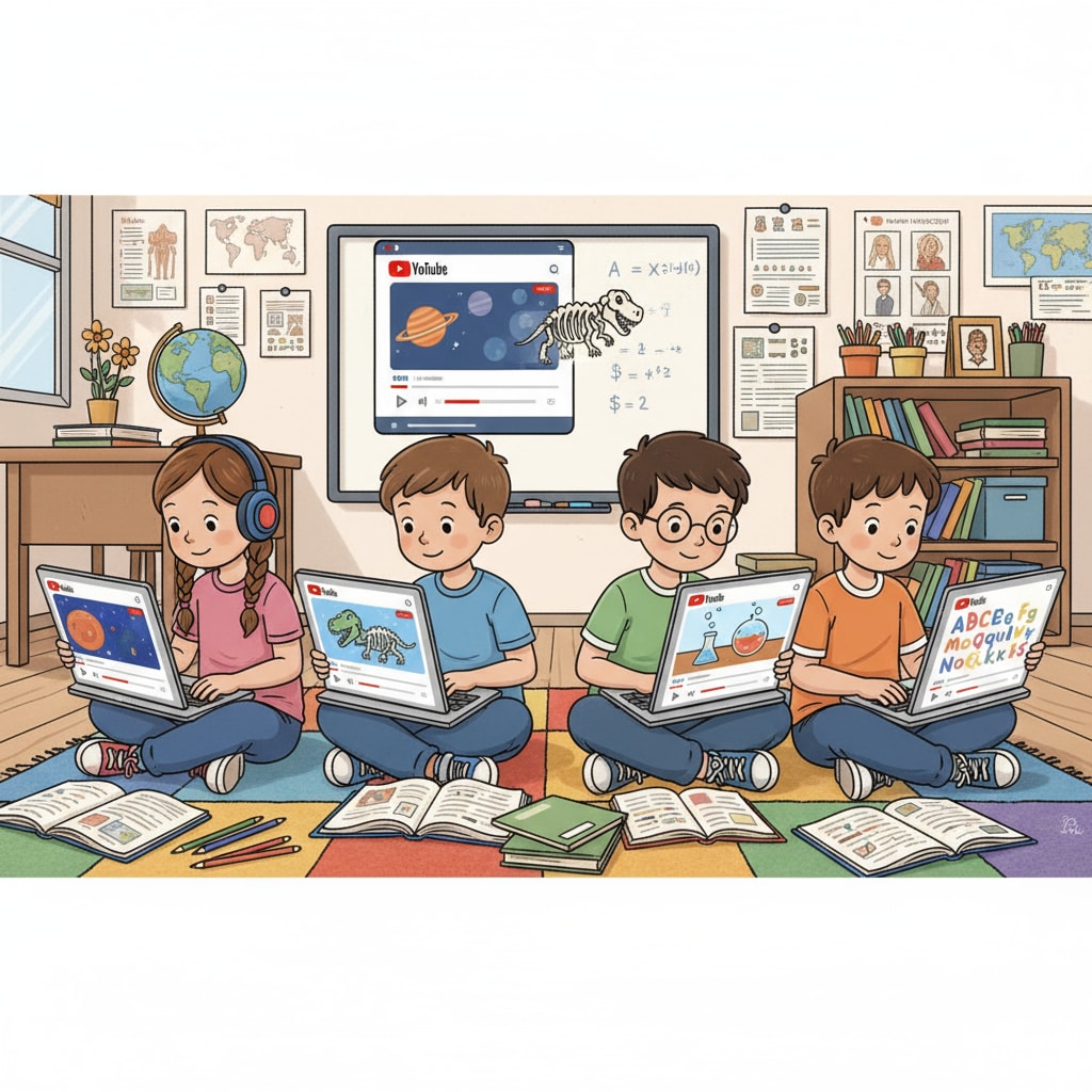A group of students are sitting in front of their devices, watching educational videos on YouTube with great concentration. Students engaged in online education on YouTube for K12 subject learning