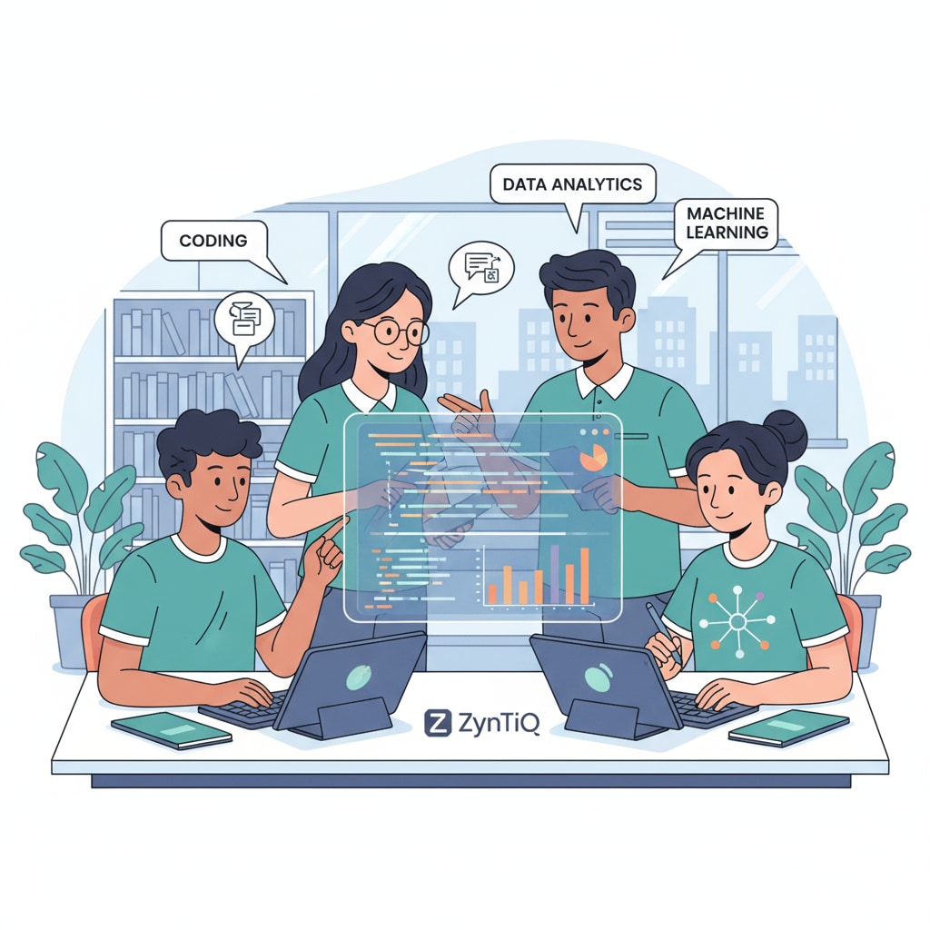 Students are interacting with ZynTiQ's AI education platform, focusing on learning digital skills such as coding and data analysis. Students using ZynTiQ's AI education platform for digital skills learning