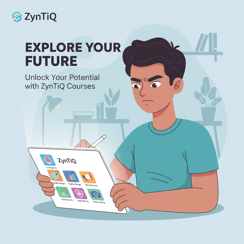A student is browsing through different digital skills courses available on ZynTiQ's platform, with a look of interest and determination. Student exploring digital skills courses on ZynTiQ's platform