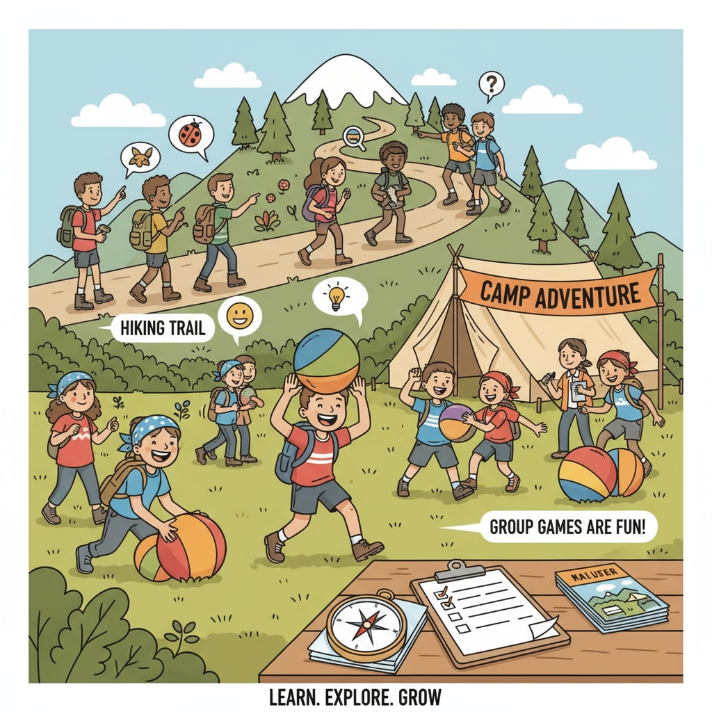 Students are engaged in activities like hiking and group games at a camp, similar to what might happen at Camp Ramah during an outdoor education program. Students participating in outdoor education activities at a camp similar to Camp Ramah
