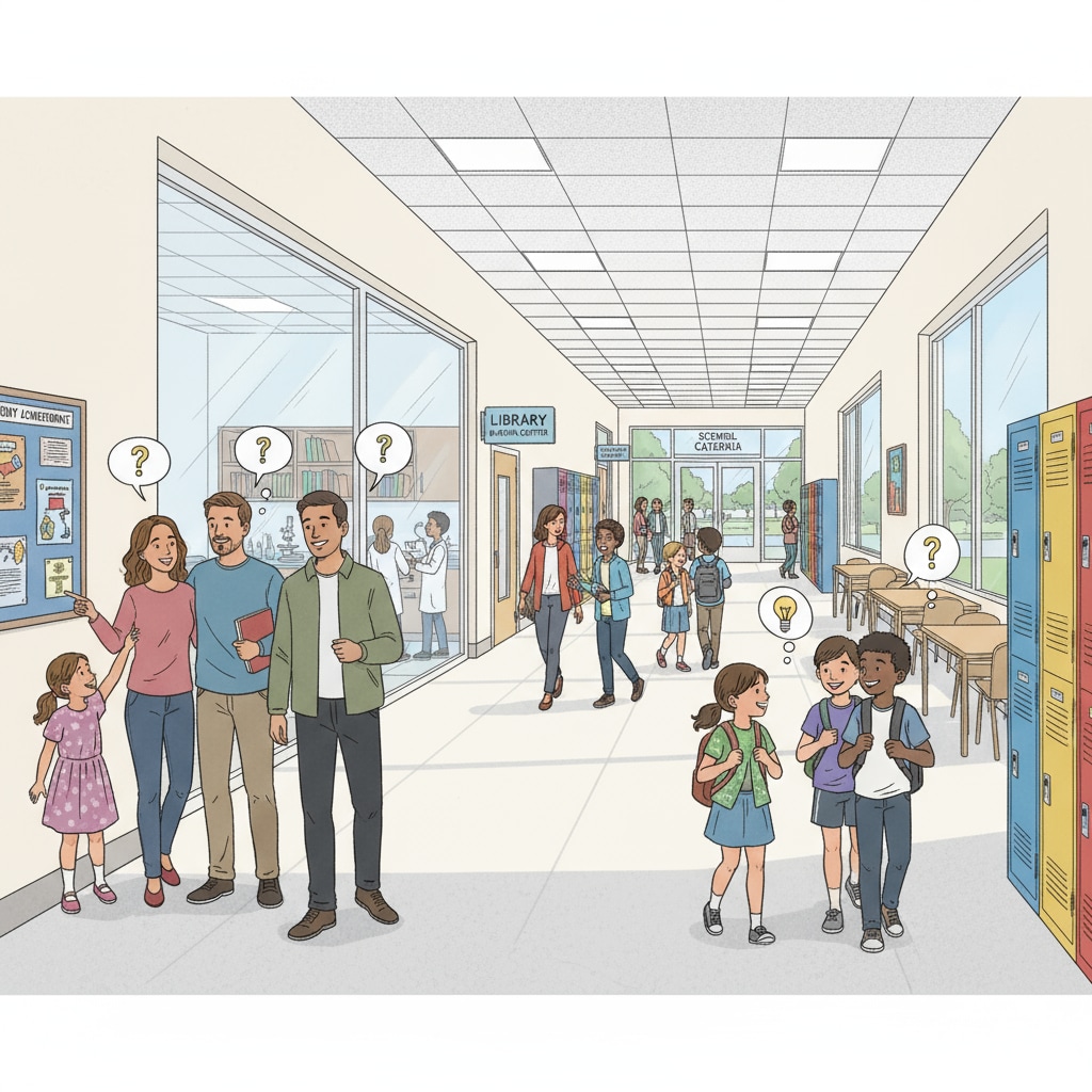 Students walking in a corridor of a public school, representing the school environment that parents can explore during a visit. A view of students in a public school corridor for educational choice during school visits.
