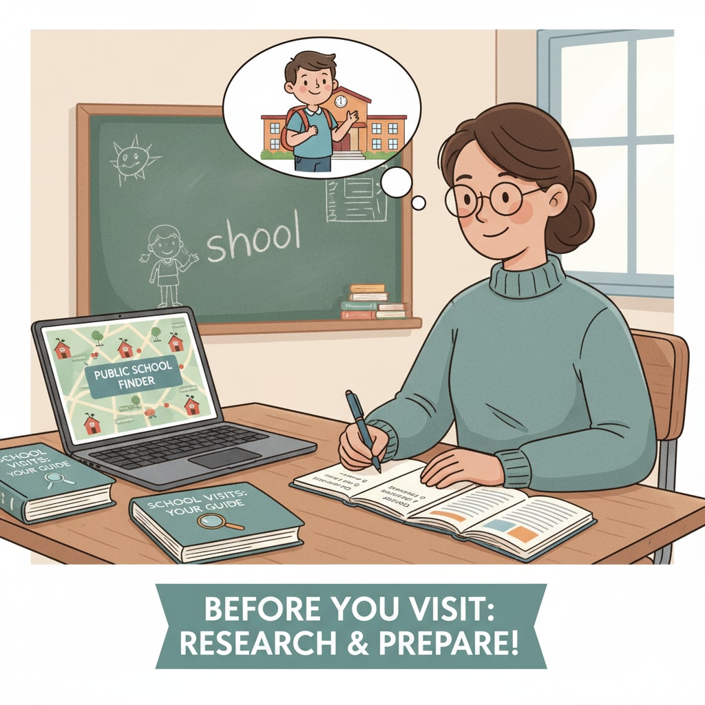 A parent engaged in researching public schools, highlighting the importance of preparation before school visits. A parent researching public schools for educational choice and school visits.