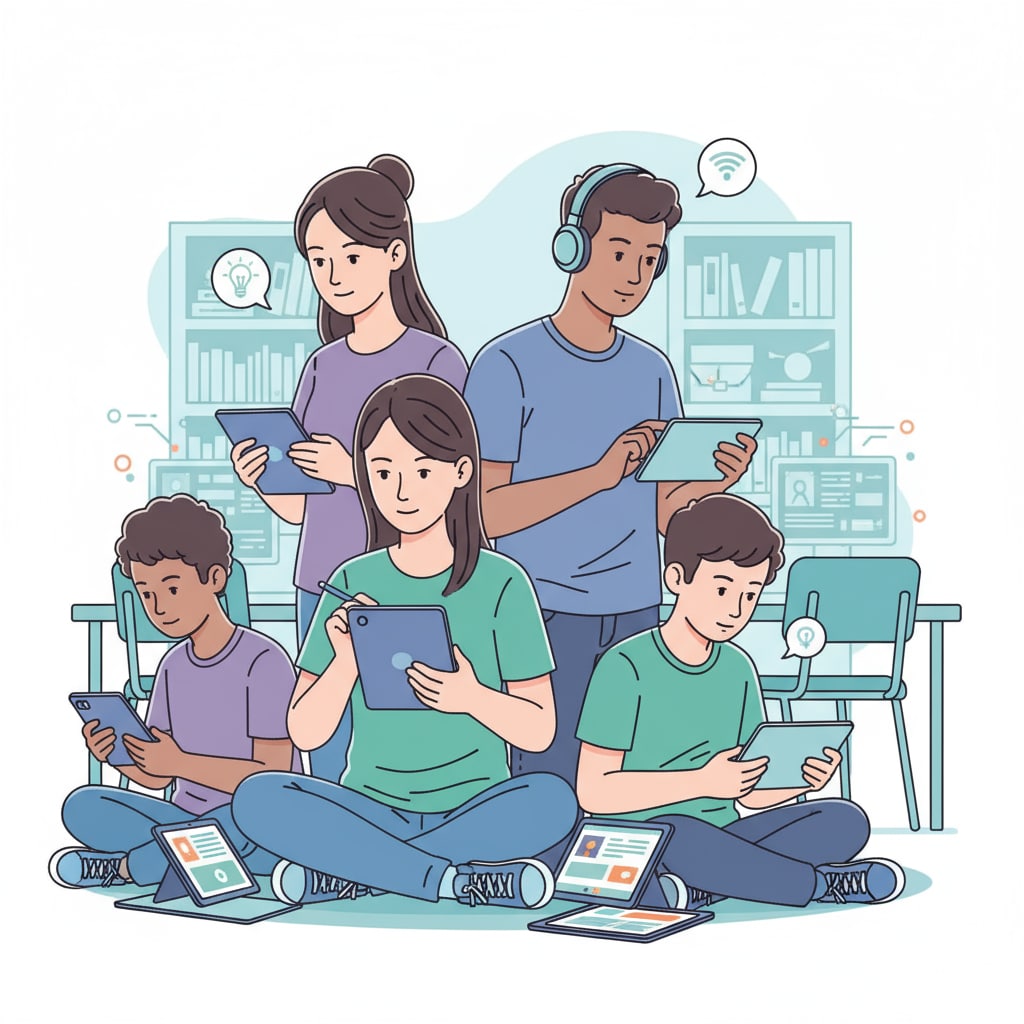 A picture showing young people engrossed in their digital devices such as smartphones and tablets, with no books in sight. Young people choosing digital devices over traditional reading, related to decline in reading habits and its impact on democracy.