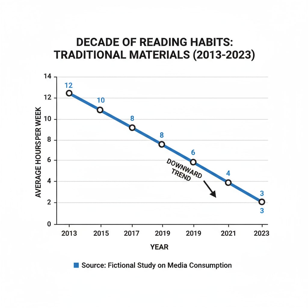 A line graph depicting the downward trend of time spent on traditional reading materials like books over the past decade. Graph showing the decline in time spent on traditional reading, highlighting the change in reading habits relevant to democracy.