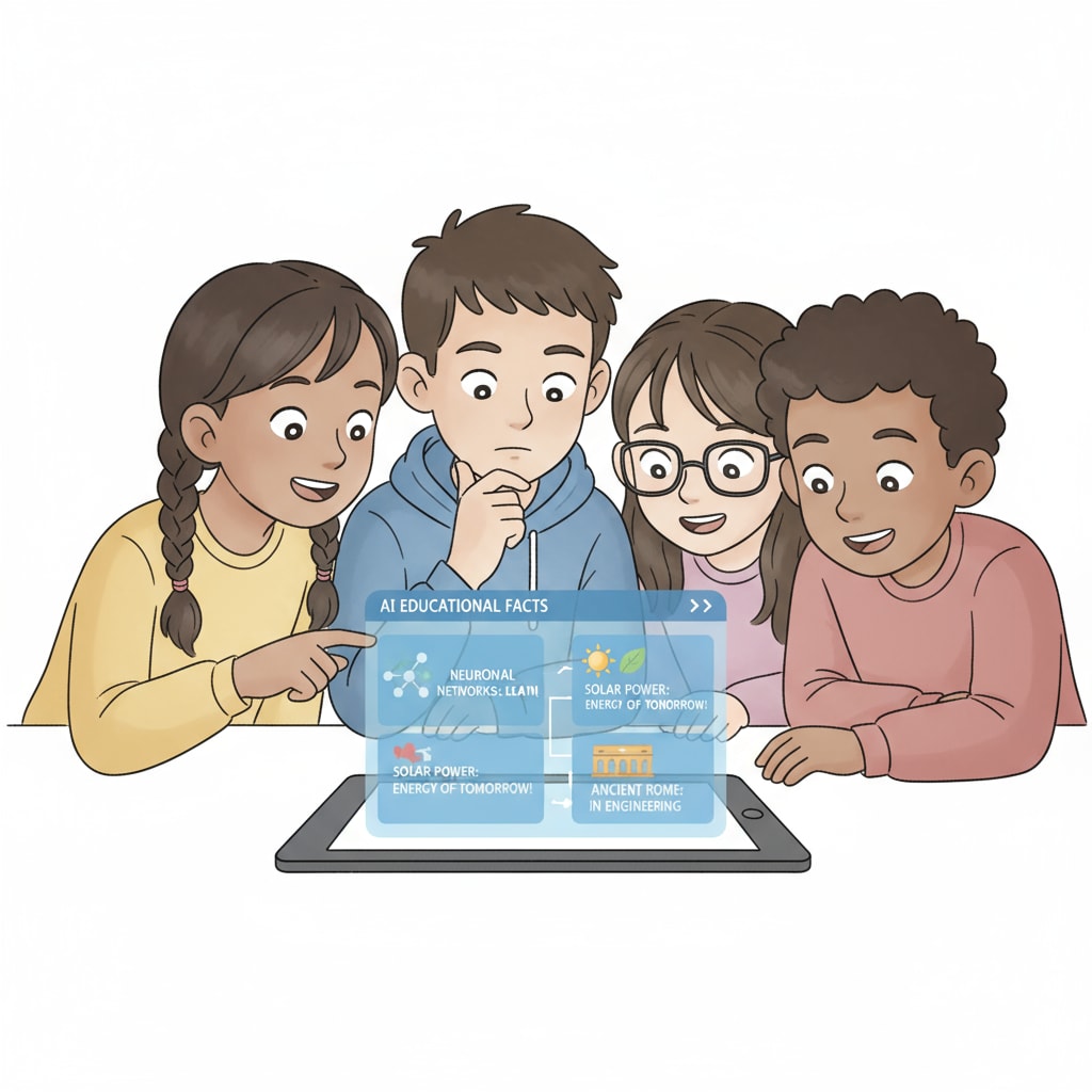 A group of students are gathered around a digital device, looking intently at AI-generated educational facts displayed on the screen. Their faces show curiosity and interest. Students exploring AI-generated educational content