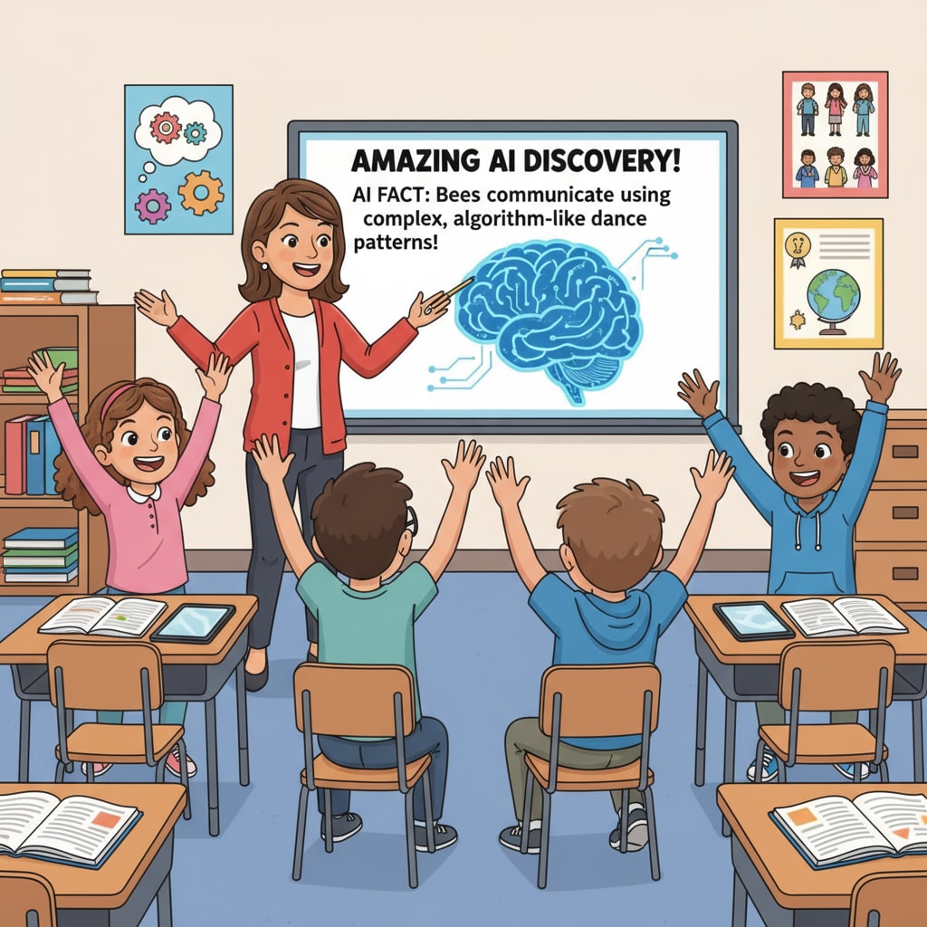 In a classroom setting, students are raising their hands, excited to share their thoughts and ideas after learning an interesting AI-generated fact. The teacher is smiling, encouraging their participation. Students engaged in discussion after learning AI-generated knowledge