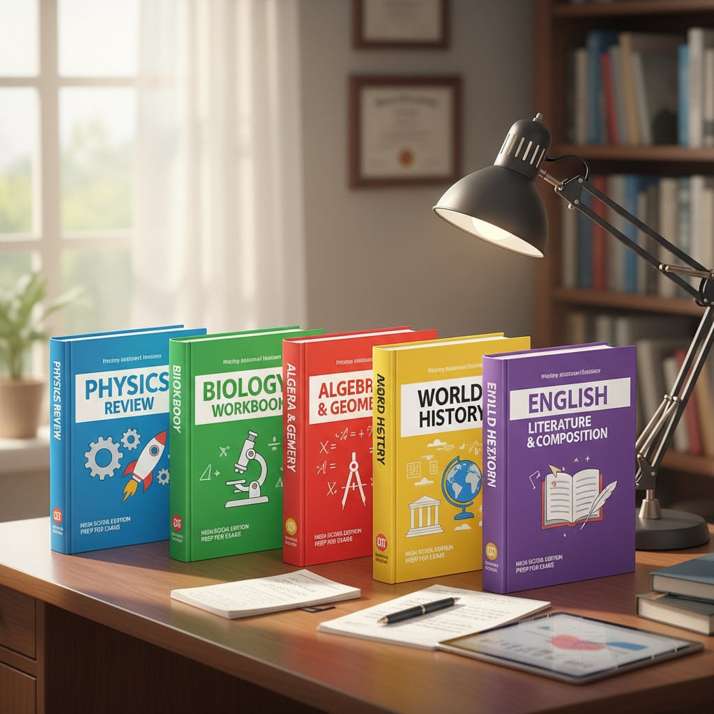 A collection of high school review workbooks neatly arranged on a study desk, showing different covers related to various subjects. High school review workbooks on a study desk for learning basic knowledge including algebra