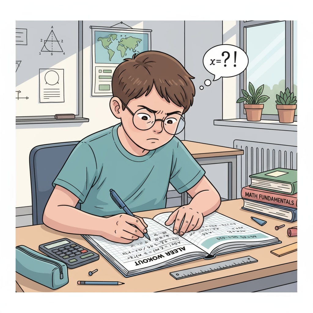 A student is sitting at a desk, concentrating on using a workbook to solve algebra problems, with a pen in hand. A student using a workbook to review high school algebra knowledge