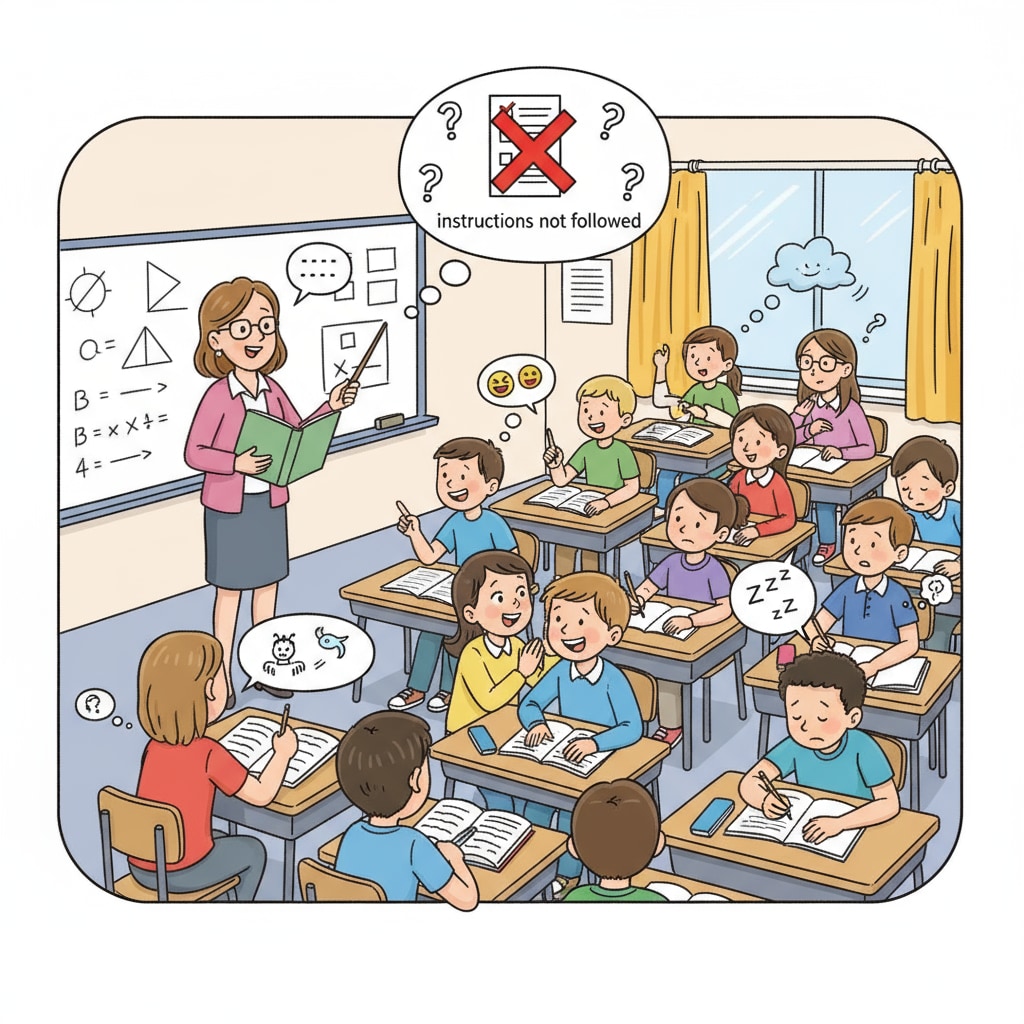 A classroom scene shows some middle school students chatting or daydreaming while the teacher is trying to give instructions, indicating the problem of students not following instructions. A classroom scene depicting the teaching dilemma of middle school students not following instructions in special education.