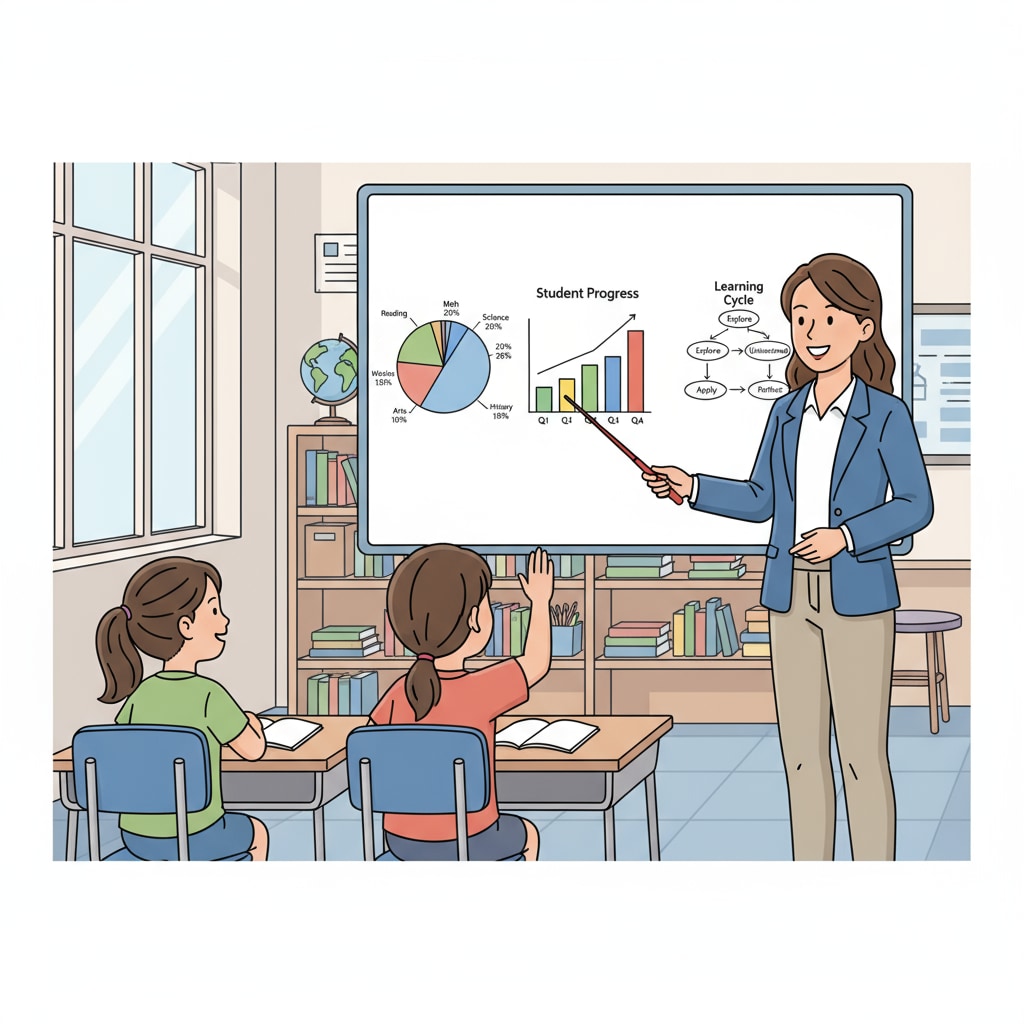 A teacher is standing in front of a whiteboard with colorful charts and using a pointer to explain something to the students, demonstrating the use of visual aids in teaching. A teacher using visual aids to address the issue of middle school students not following instructions in special education.