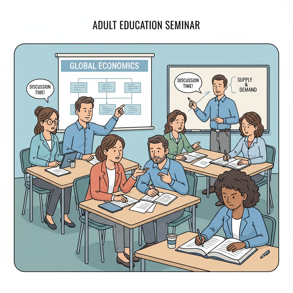 A classroom filled with adult students, some taking notes, some engaged in discussions, all focused on their learning. Adult students in a community-based high school diploma program