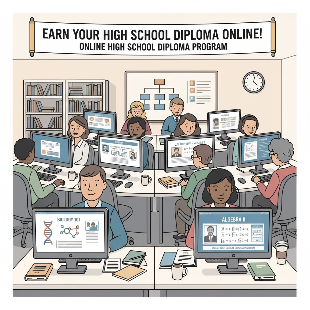 People sitting in front of their computers, accessing online high school diploma courses, with various educational materials on their screens. Adults using online resources for high school diploma completion