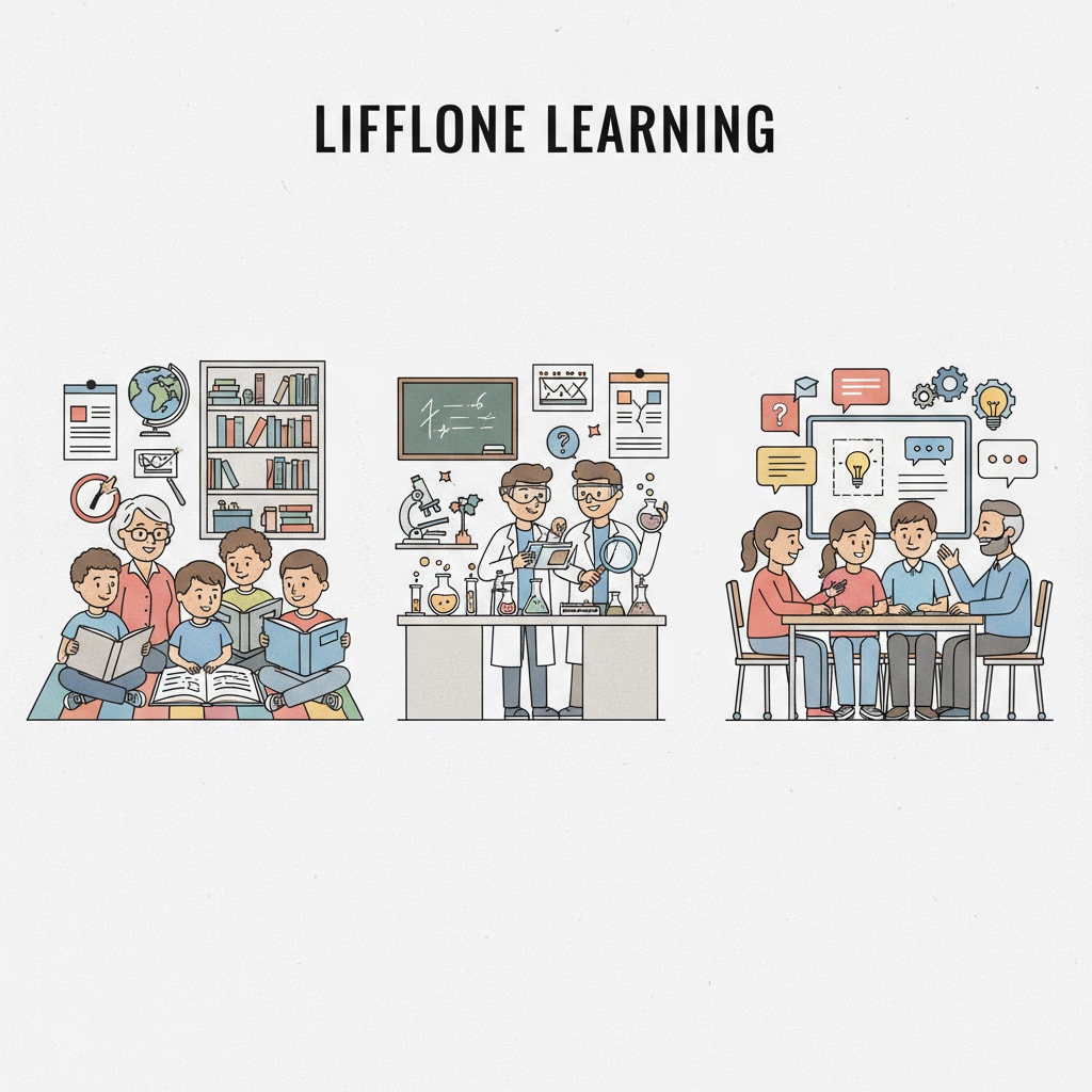 A diverse group of students, including children and adults, are seen participating in different learning activities such as reading books, doing hands-on experiments, and discussing ideas in small groups. A group of students engaged in various learning activities related to education, lifelong learning, and success