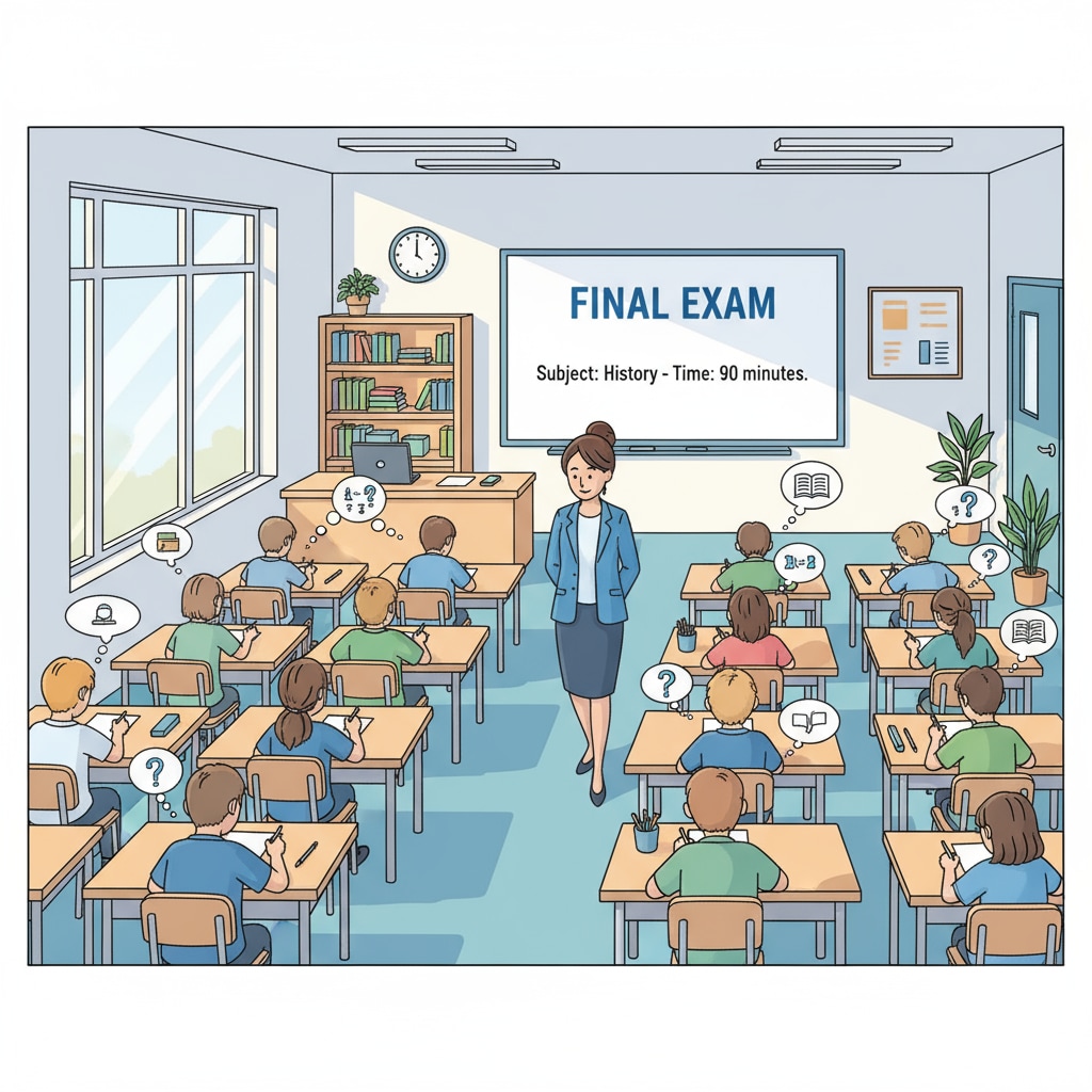 In a classroom, students are sitting at their desks, focused on taking a written test. The teacher is walking around the room to monitor the exam. A classroom scene of students taking a test, relevant to education, lifelong learning, and success