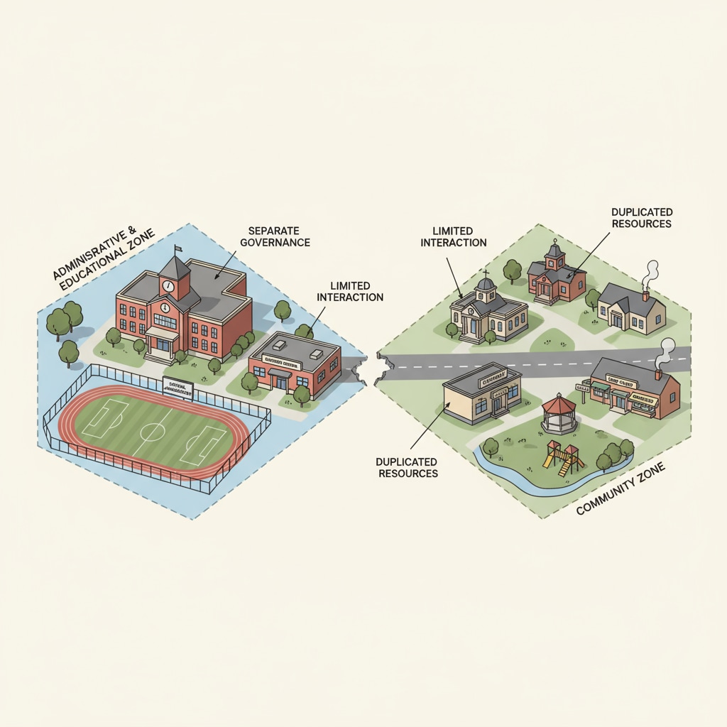 A visual representation of a small town where the school and community buildings are physically separated, symbolizing the administrative and operational disconnection. A view of a small town with a school and community buildings standing separately depicting school system and community separation