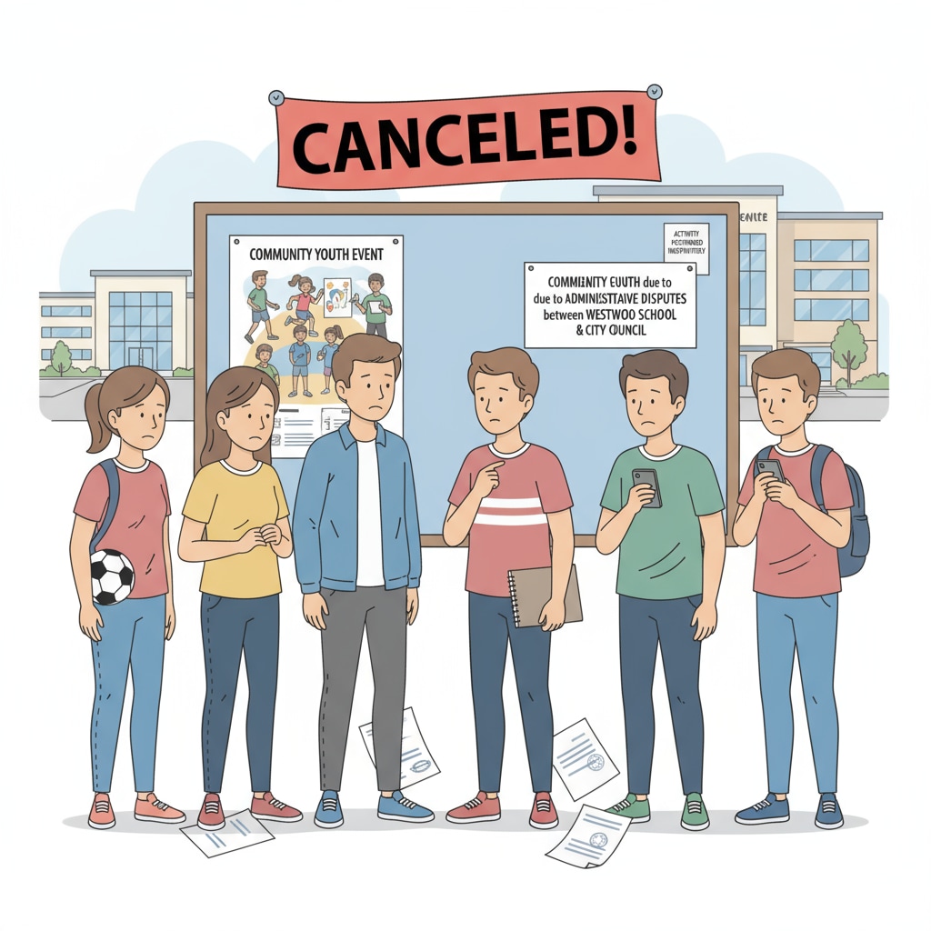 A picture showing a group of teenagers looking disappointed as a planned community youth activity is canceled due to administrative issues between the school and community. A group of teenagers looking disappointed as a planned community youth activity is canceled related to school system and community governance disconnection