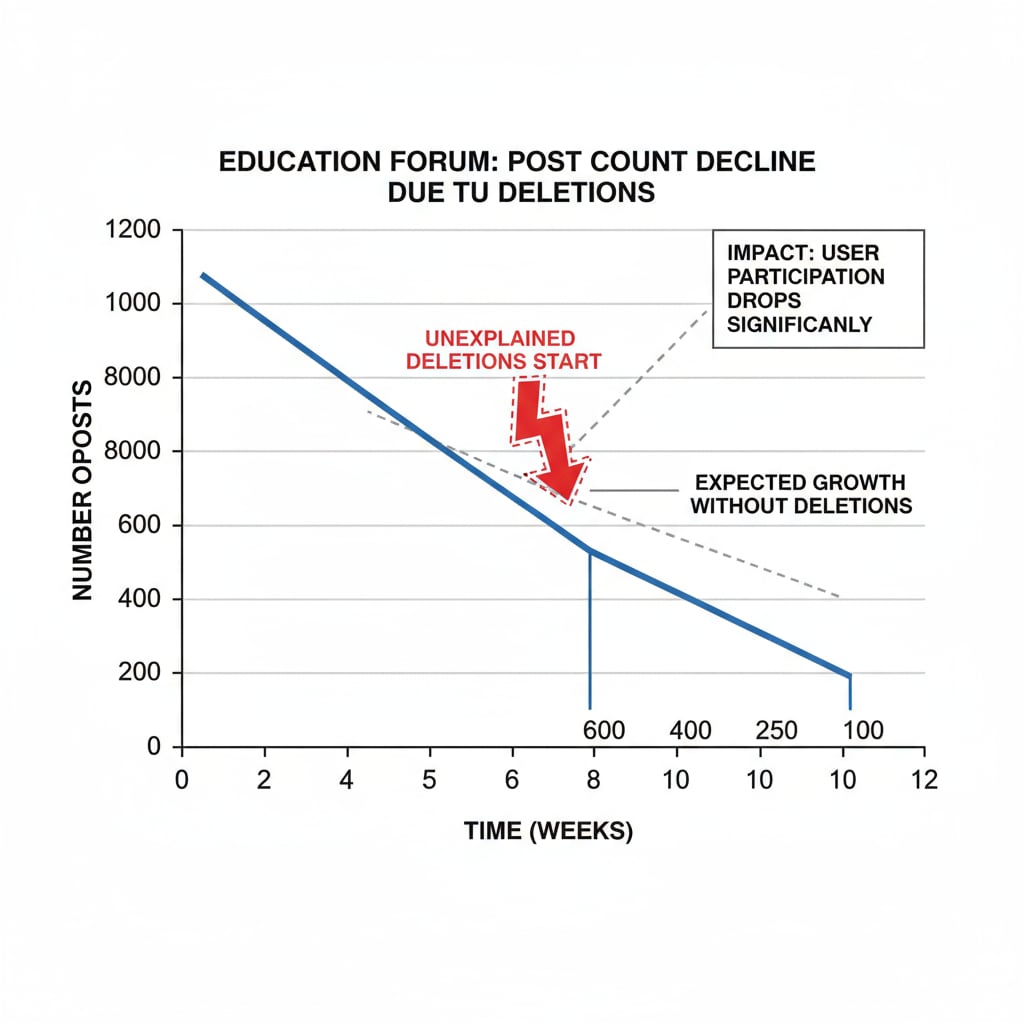 A graph showing the decreasing number of posts in an education forum after a series of unexplained deletions, demonstrating the impact on user participation. Graph showing the impact of post deletion without explanation on forum activity