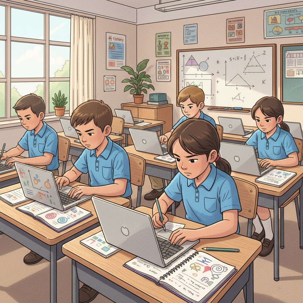 A group of students sitting at desks, using laptops to access online learning platforms, with books and notebooks nearby, focused on solving academic problems. Students using online learning platforms to relieve academic stress and get homework help