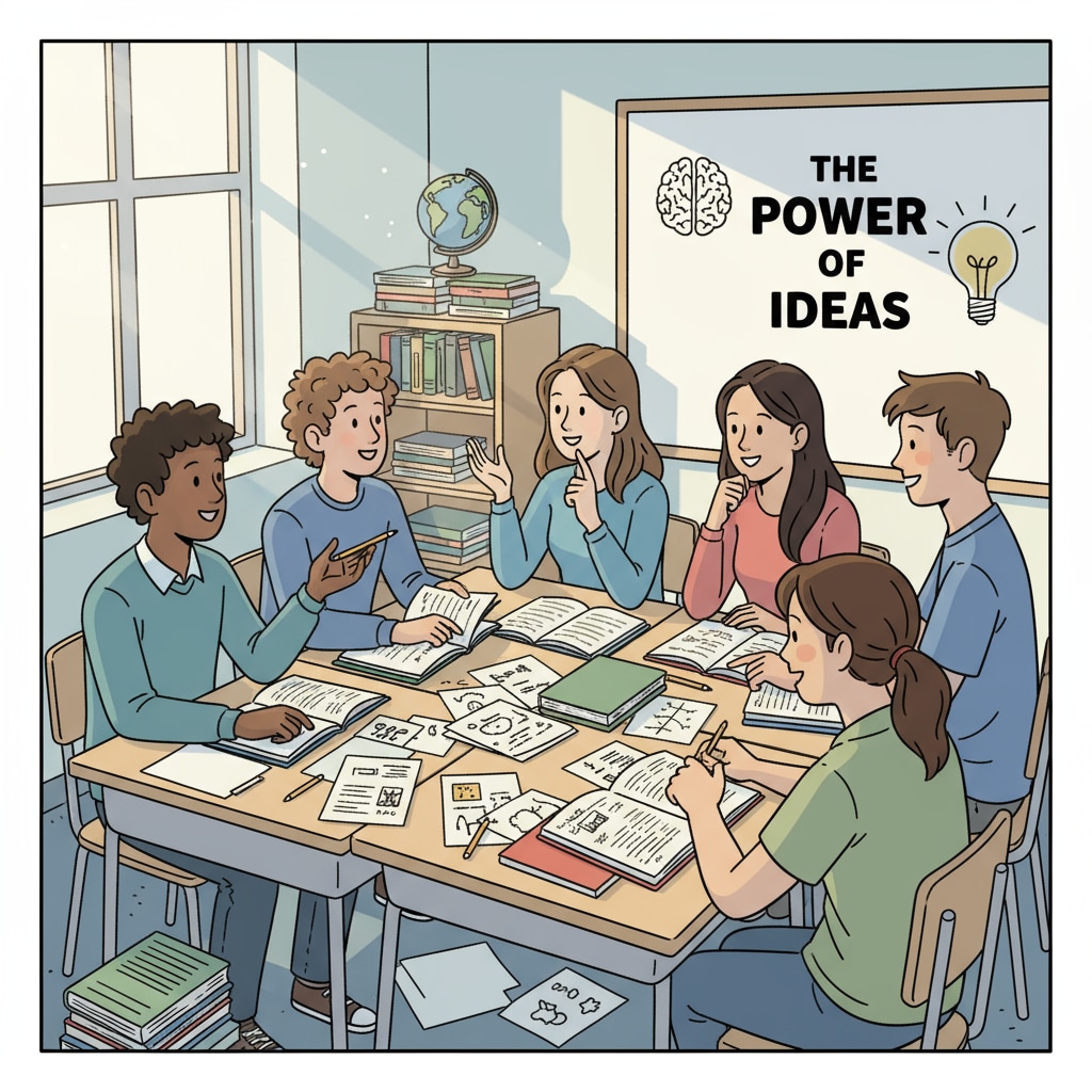 A group of high school students are engaged in a lively discussion in a classroom, with books and papers scattered on the desks, showing their active exploration of knowledge. High school students discussing logical fallacies, critical thinking, and propaganda recognition in a classroom