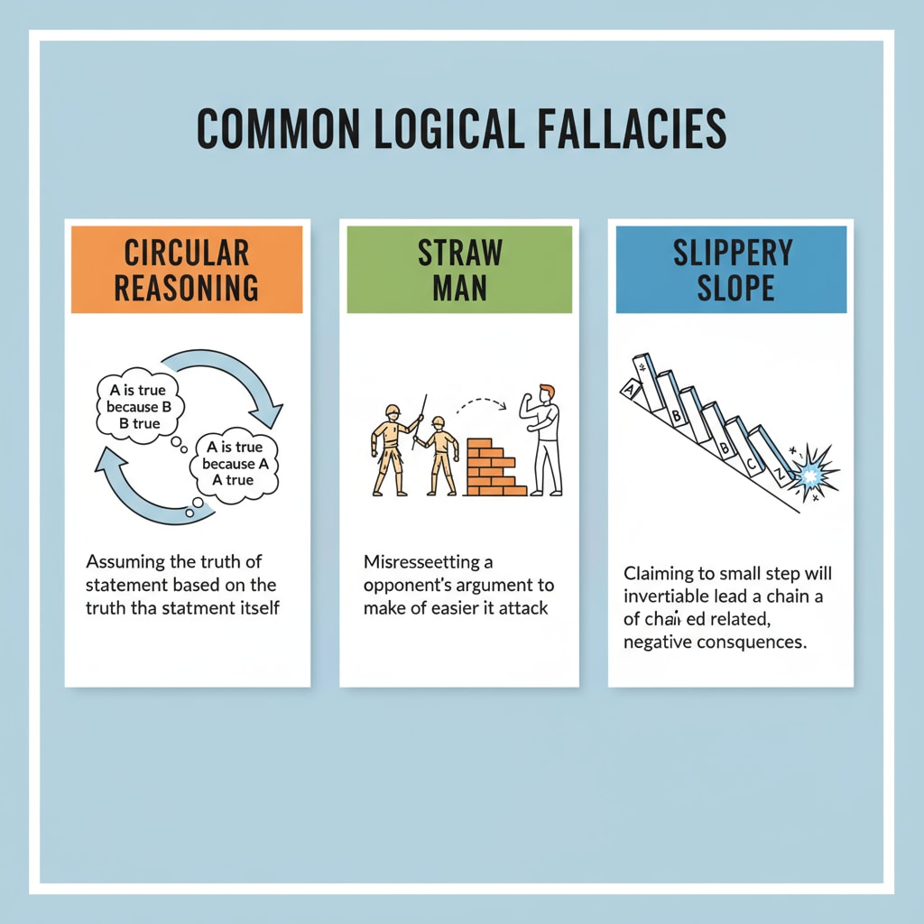 A colorful infographic that visually represents common logical fallacies, such as circular reasoning, straw man, and slippery slope, making it easier to understand these concepts. Visual representation of common logical fallacies for critical thinking and propaganda recognition