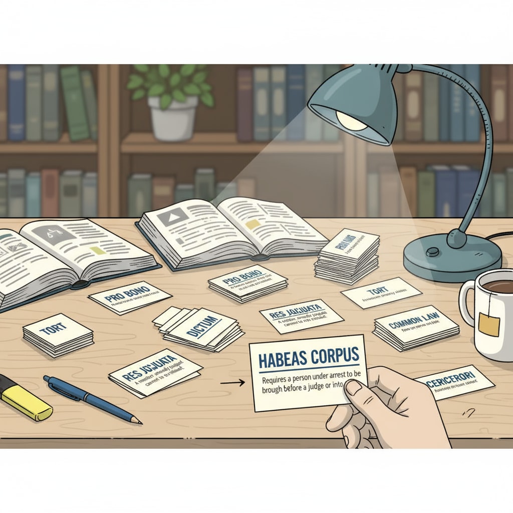 A student is sitting at a desk, using flashcards to quiz themselves during law study. The flashcards have legal terms and definitions written on them. A student practicing active recall with flashcards during law school learning